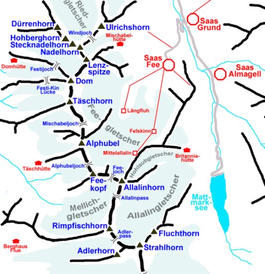 Map of Peaks in the Mischabel Range in the Zermatt ( Valais ) Region of the Swiss Alps