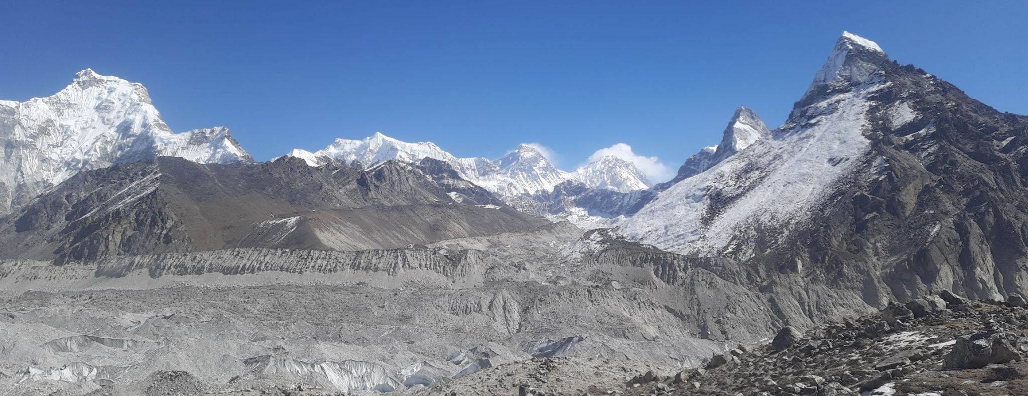 Cha Kung and Everest from Ngozumpa Glacier in Gokyo Valley