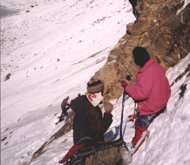 Descending Cliffs to Glacier Lake beneath Tilman's Pass