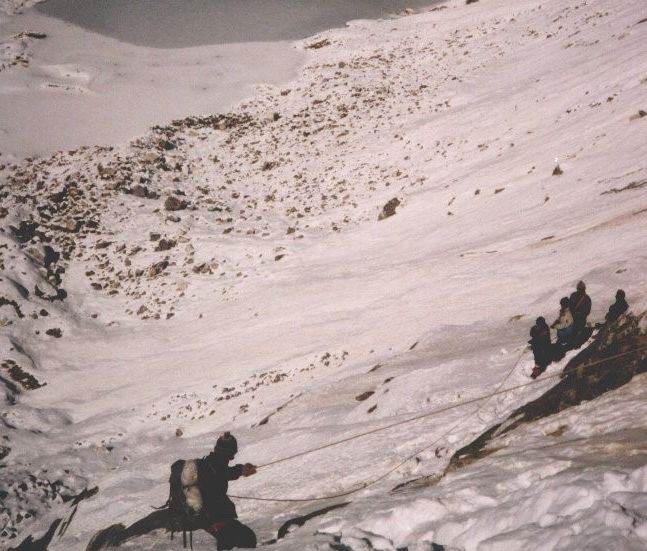 Descent to Glacier Lake beneath Tilman's Pass