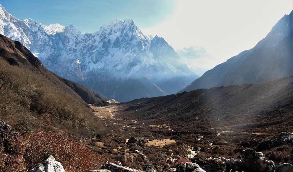 Mount Manaslu and Phungi from camp at Phedi beneath Larkya La