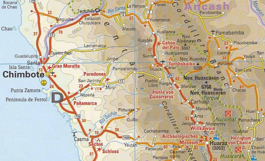 Location map for Huascaran in the Cordillera Blanca of the Andes of Peru