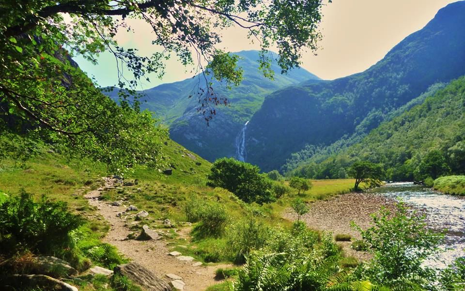 Steall waterfall in Glen Nevis beneath An Gearanach in the Mamores above Glen Nevis