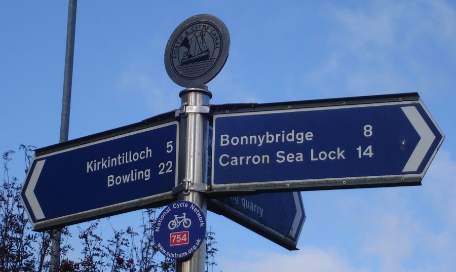 Signpost at Kilsyth on the Forth and Clyde Canal in central Scotland