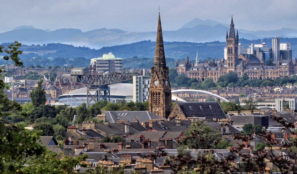 Spire of St.Judes Church and Glasgow University from the Flagpole on Queen's Park Hill