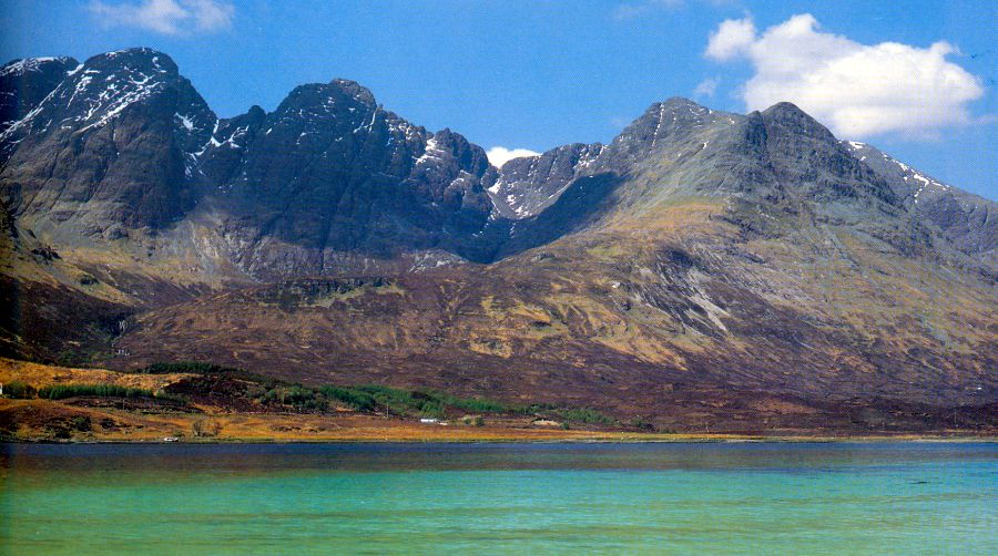 Blaven ( Bla Bheinn ) and Clach Glas from Loch Slapin on Isle of Skye in Western Islands of Scotland