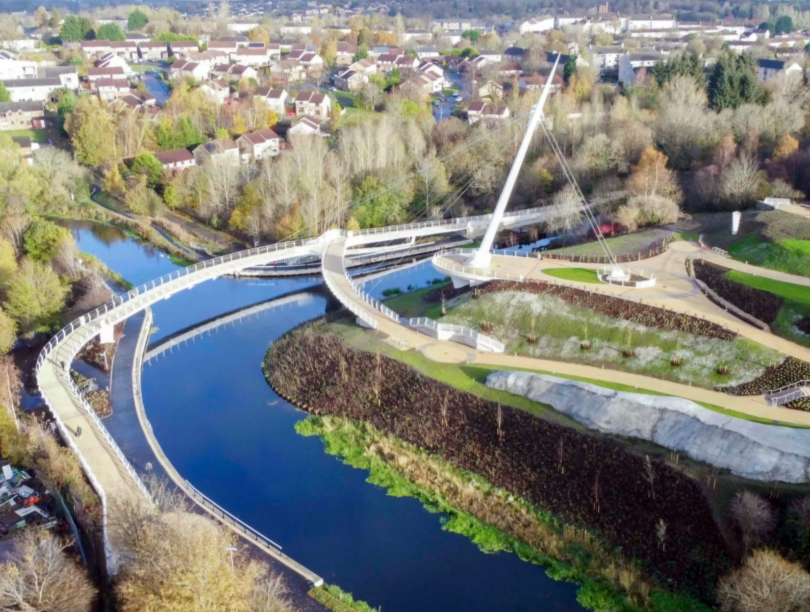 Aerial view of Stockingfield Bridge on Forth and Clyde Canal