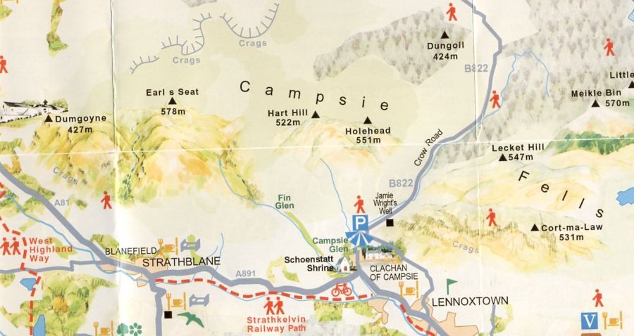 Map of the Strathkelvin Railway Path beneath the Campsie Fells from Strathblane to Lennoxtown