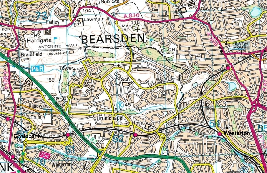 Map of the Forth and Clyde Canal between Westerton and Clydebank