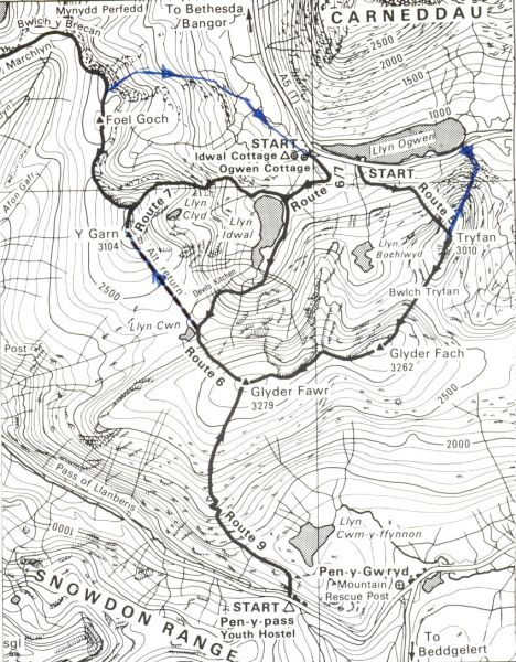 Map of ascent routes on Tryfan and the Glyders