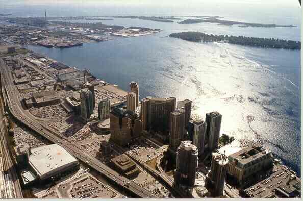 View to the east from CN Tower with Toronto Islands in Lake Ontario, Canada