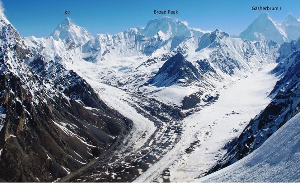 K2, Broad Peak and Gasherbrum I from Concordia in the Karakorum Mountains of Pakistan - the world's twelfth highest mountain